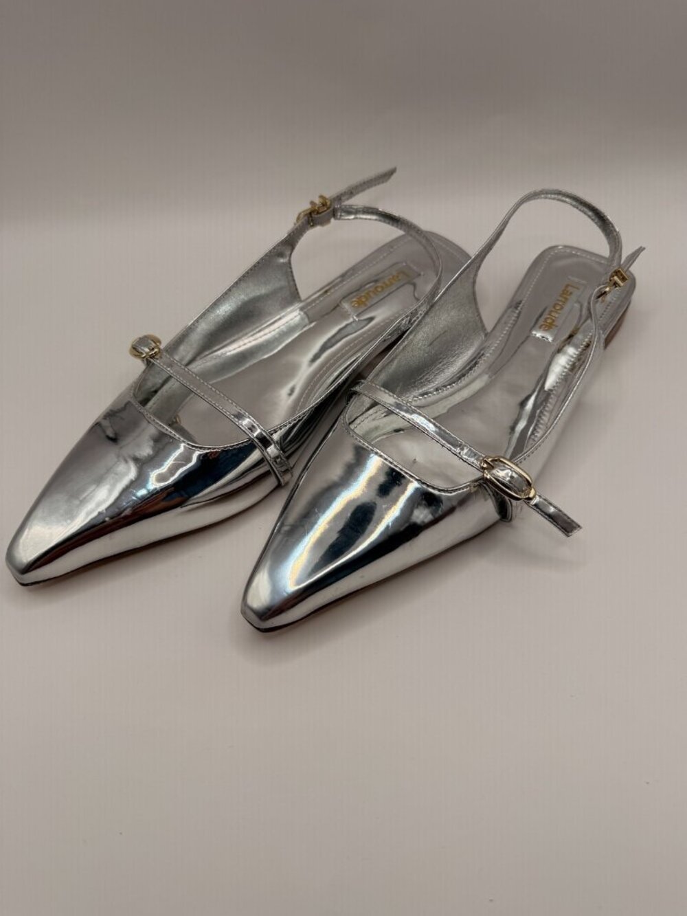 Larroude Womens Ines Slingback Flat In Silver Specchio Size 8.5